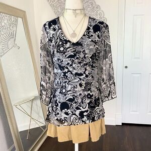 Early 2000's Black Silver Beaded Mesh 3/4 Flare Sleeve Whimsygoth Boho Blouse L